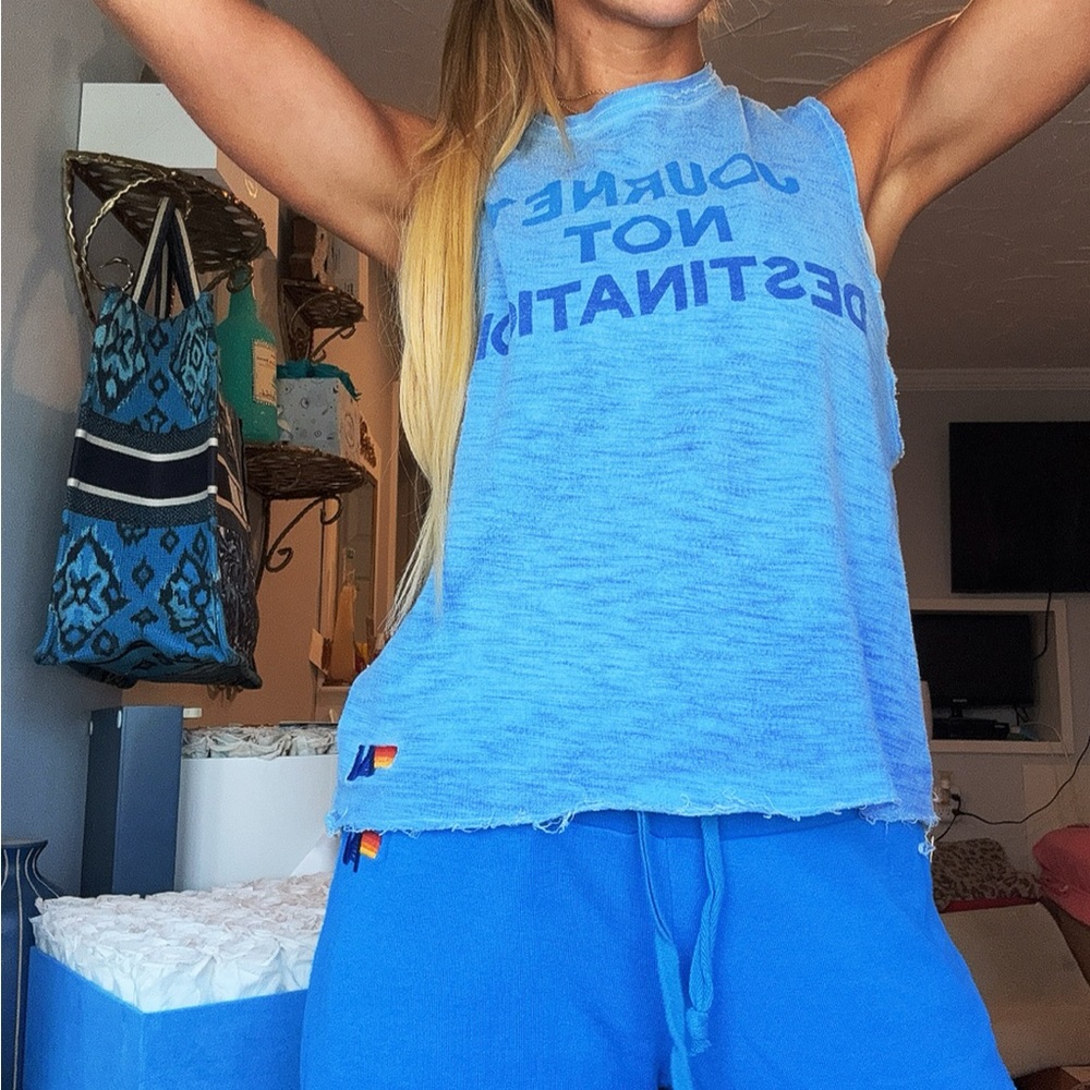 Aviator Nation “Journey not destination” Blue Sleeveless Graphic Top size small